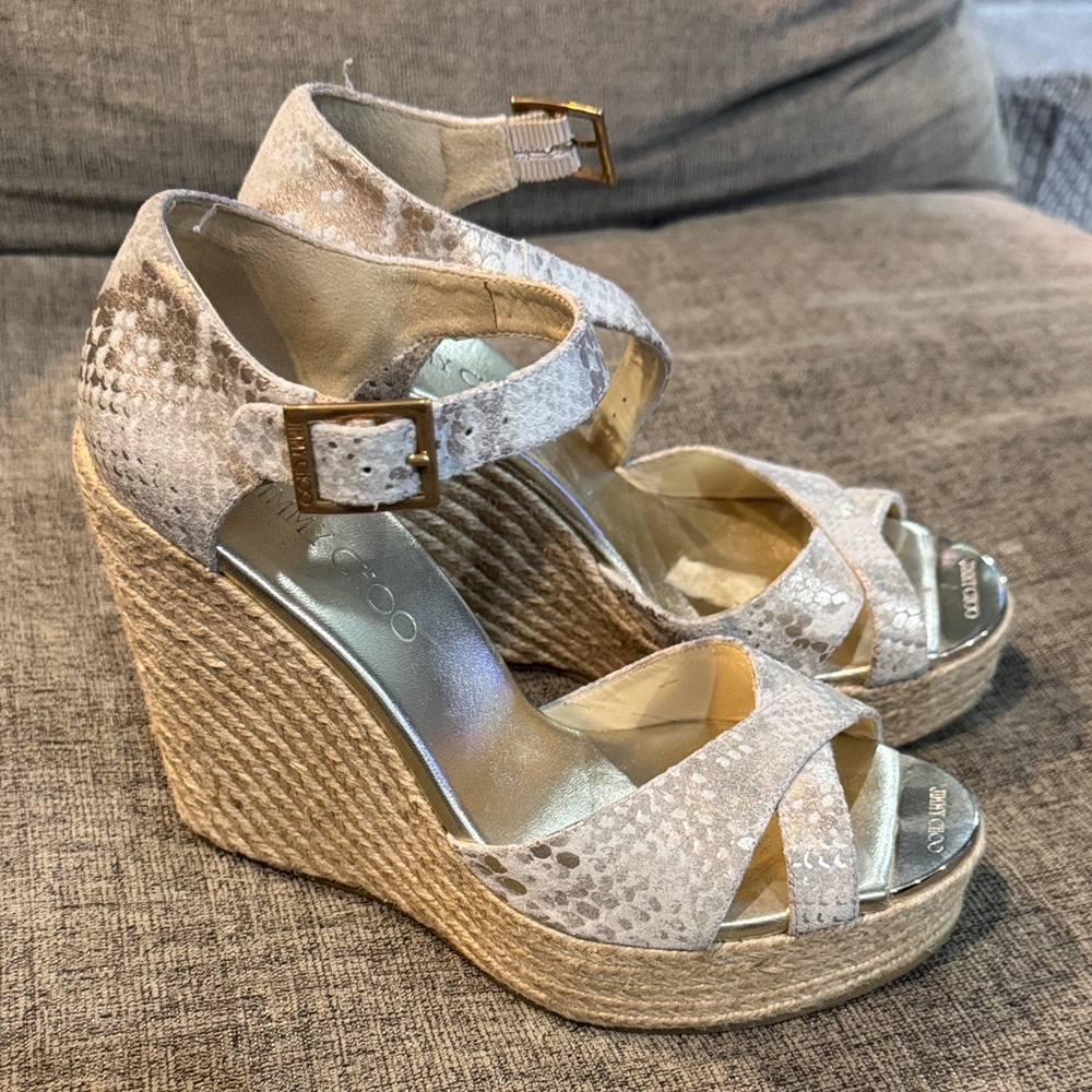 Jimmy Choo Beige Snake-Print Espadrille Wedge Sandals